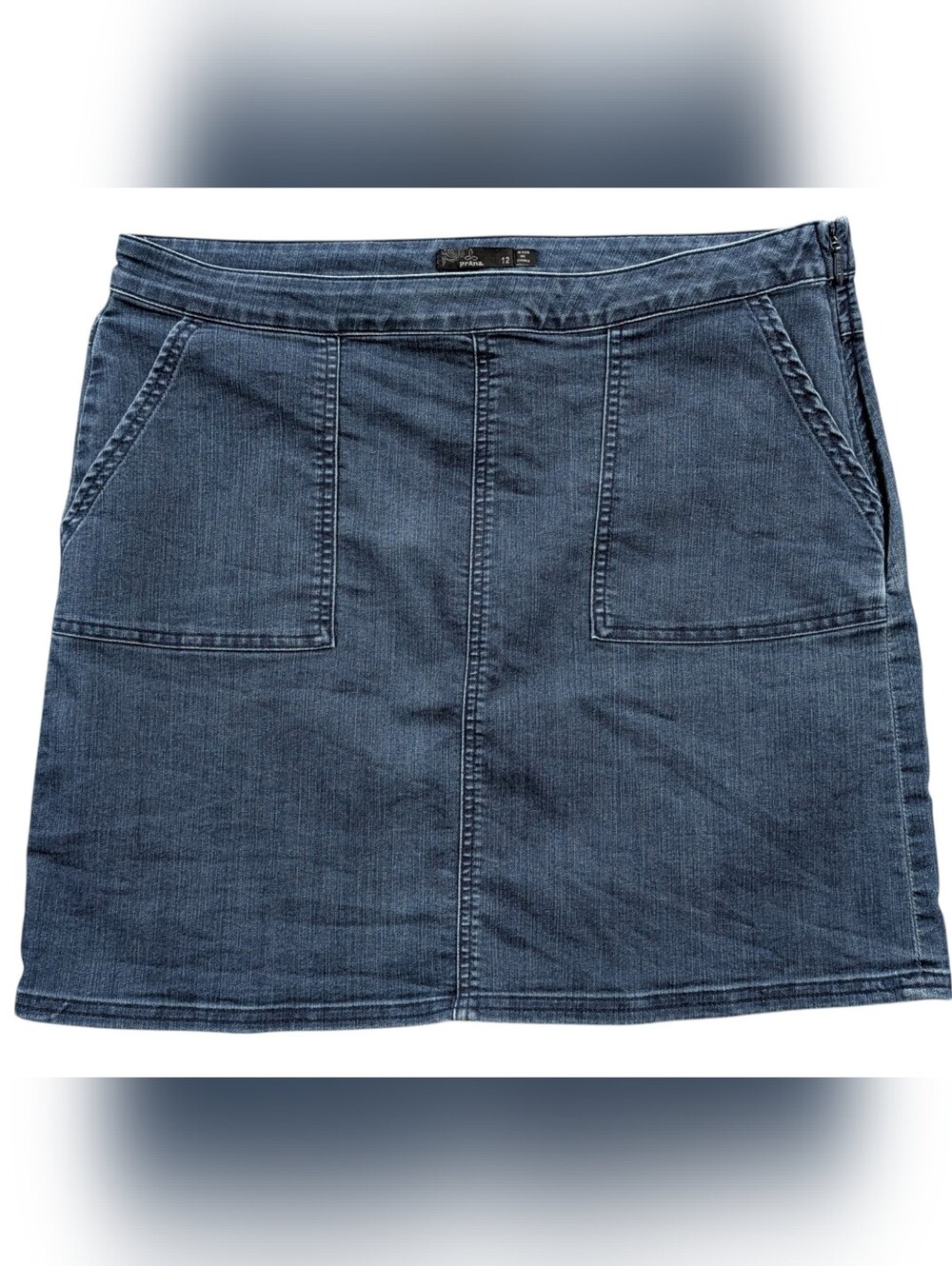 prAna Kara Denim Stretch A-Line Mini Skirt Indigo Blue 12 Travel Hiking Pockets - Picture 2 of 8